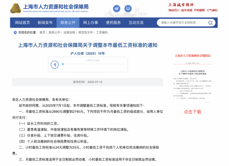 上海最低工资标准
